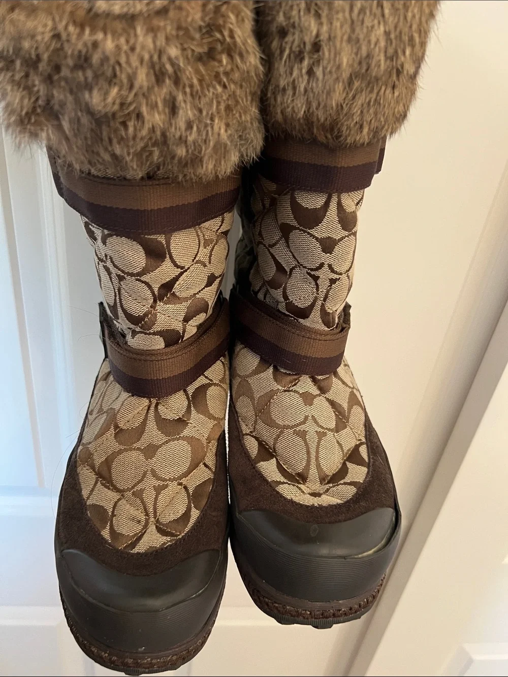 Coach Brown Signature Canvas Faux-Fur Cuff Winter Boots